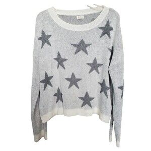 POL Gray White Star Pattern Long Sleeve Lightweight Sweater Size Small Oversized